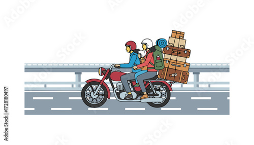
Illustration of a homecoming traveler carrying his family and belongings on a motorbike returning to his hometown. Isolated on a white background.