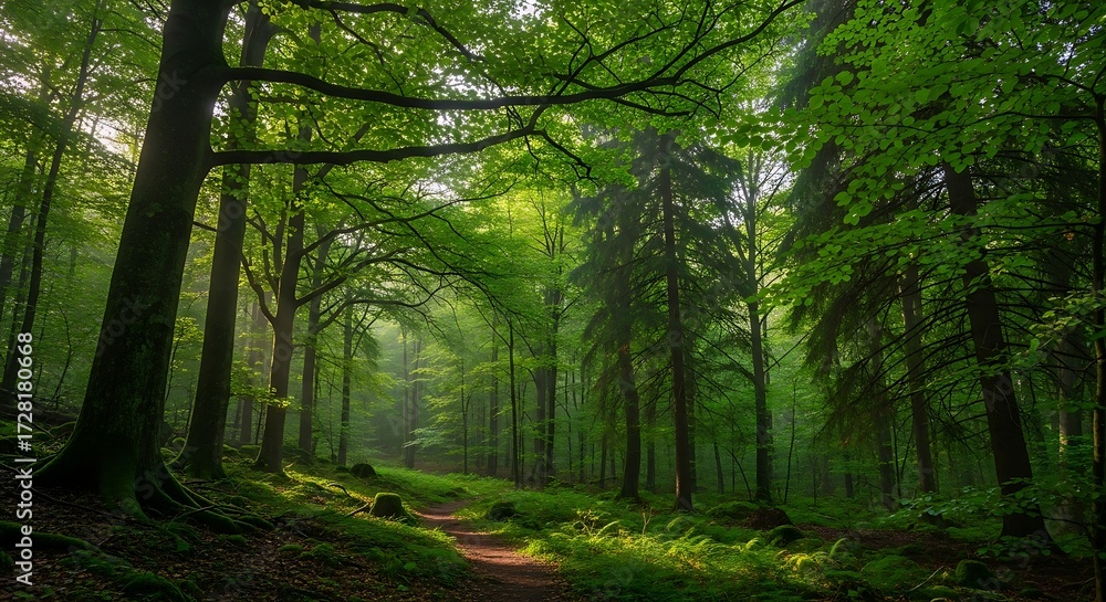 Naklejka premium Sunlit forest path winding through lush green trees