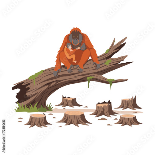 Illustration of an orangutan carrying its child on a felled tree trunk. Isolated on a white background.