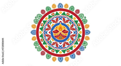 Vibrant and Intricate Diwali Mandala Design with Traditional Motifs for Festive Celebrations and Cultural Representation, suitable for greeting cards and event decorations.