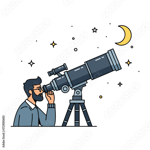 Illustration of an astronomer observing outer space using a telescope. Isolated on a white background.