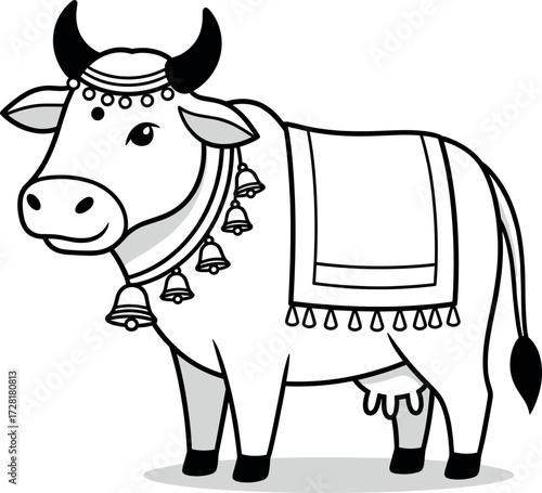 Cute cartoon vector illustration of decorated Indian cow with traditional ornaments in black and white