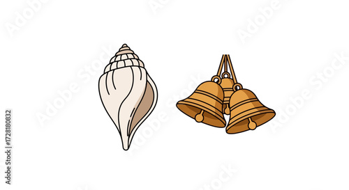 Illustrative Depiction of a Shankha Conch Shell and Golden Bells for Religious Ceremony, Festival Decoration, or Cultural Heritage Designs