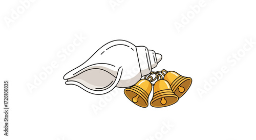Illustration of Shankha and Bells for use in Hindu Religious Ceremonies and Cultural Celebrations, Ideal for Illustrating Traditions and Spiritual Practices