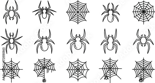 Set of spider and spider web line art halloween spider web outline vector illustration for decoration