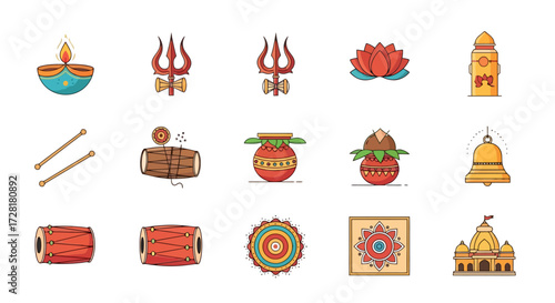 Collection of Traditional Indian Festive Icons and Symbols for Cultural Celebrations and Religious Events, Ideal for Illustrating Cultural Richness and Festive Traditions