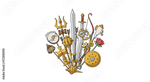 Collection of divine weapons and symbols from Hindu mythology, featuring traditional designs and cultural significance for educational and artistic purposes.