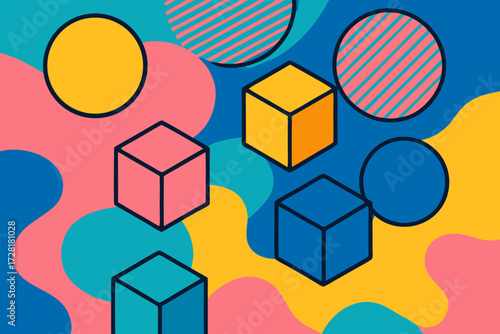 Abstract geometric background with colorful cubes and circles on a vibrant wavy pattern, modern design.