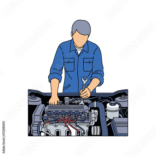 Illustration of a car mechanic checking a car engine. Isolated on a white background.