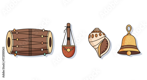Traditional Indian Musical Instruments and Religious Symbols for Cultural Events, Festivals, and Educational Resources.