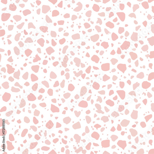 Pink terrazzo pattern design with irregular shapes on white background.