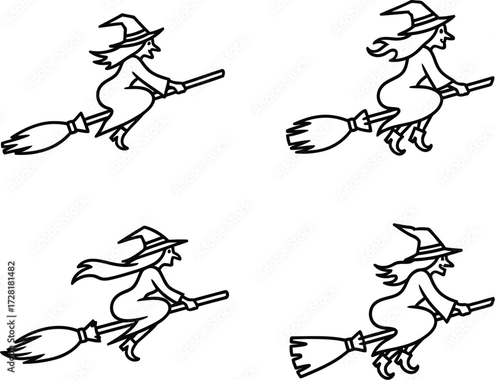 Fototapeta premium Collection of cartoon witch flying broom, perfect for halloween coloring book or sticker design