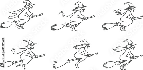 Set of cartoon witch flying broom, perfect for halloween coloring book or sticker design