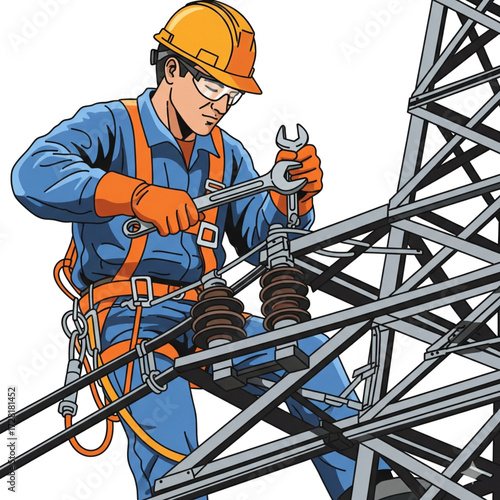 An electric company worker is repairing a high-voltage power line in full safety gear. Isolated on a white background.