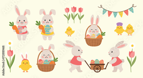 A delightful collection of cute cartoon bunnies and chicks celebrating Easter with colorful eggs and spring flowers.