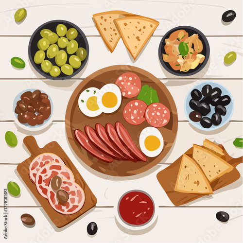 Flat lay illustration of a delicious breakfast or brunch spread featuring cured meats, boiled eggs, olives, and toast on a rustic wooden table. Perfect for food blogs or menus.