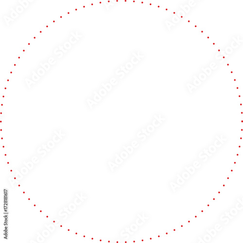 This is a minimalist graphic image featuring a large circle composed entirely of small, red dots. These dots are evenly spaced and form a perfect circular outline against a plain.