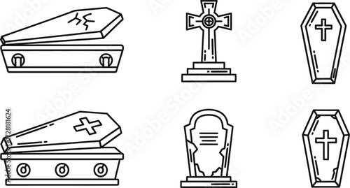 Set of line art illustrations featuring coffins, tombstones, and a cross, perfect for halloween themes
