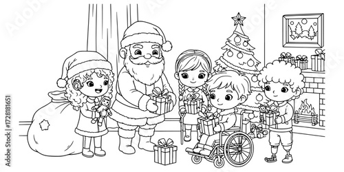 Chibi Santa Giving Presents to Four Kids