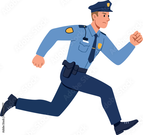 Police officer in uniform running with determination and purpose.