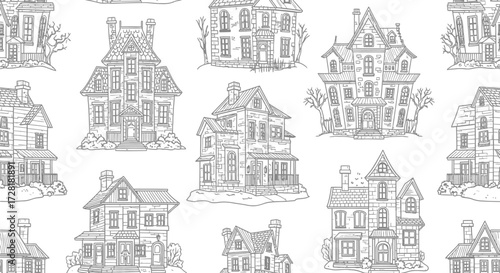 Seamless pattern of spooky haunted houses, hand drawn vector illustration for halloween celebration and decoration