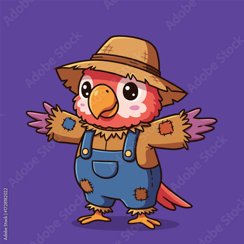 Cartoon parrot with pink and red feathers dressed as a scarecrow in blue patchy overalls and straw hat, standing on a purple background.