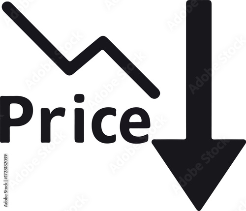 Price reduction concept with downward arrow and price text indicating a decrease.