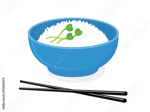 Blue ceramic rice bowl with chopsticks and green sunflower sprouts vector. Asian food icon sign.