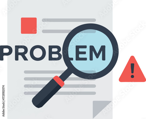 Problem analysis with magnifying glass and exclamation mark symbol.