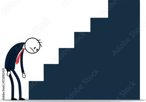 Exhausted businessman facing challenging stairs representing career obstacles.