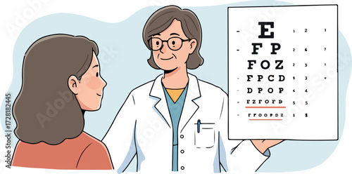 Eye exam with doctor and patient vision test illustration.