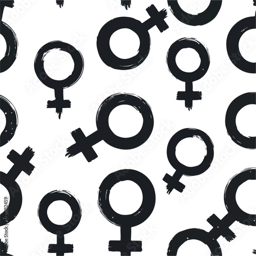Female gender symbols scattered across white background create pattern.