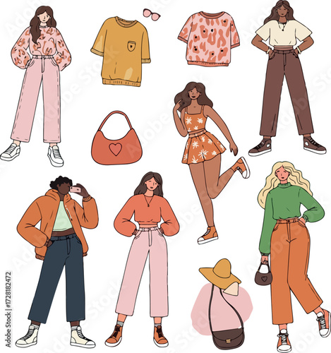 Fashionable women in stylish outfits and accessories diverse styles.