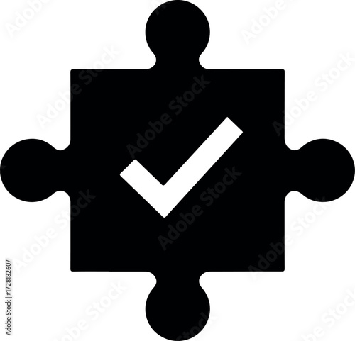 Puzzle piece with a checkmark symbol representing completion and success.