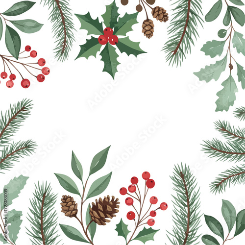 Festive Christmas foliage arrangement with berries and pine cones.