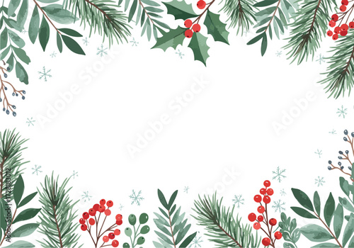Festive Christmas greenery frame with holly berries and pine branches.