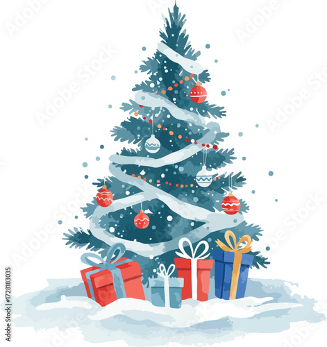 Festive Christmas tree adorned with ornaments and wrapped with ribbon gifts below.