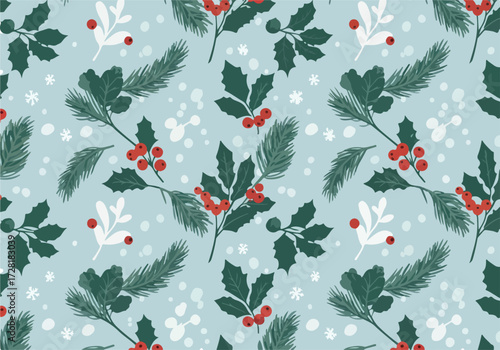 Festive Christmas pattern featuring holly berries and evergreen branches.