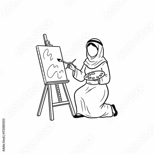 Illustrated woman in traditional Arab dress kneels and paints on a canvas supported by an easel.