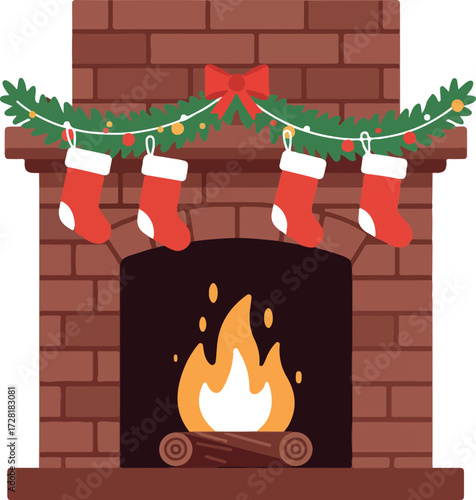 Festive fireplace adorned with stockings and a vibrant burning fire.