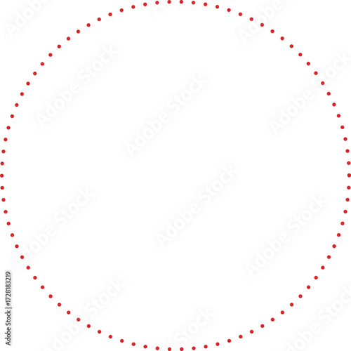 This is a minimalist graphic image featuring a large circle composed entirely of small, red dots. These dots are evenly spaced and form a perfect circular outline against a plain.