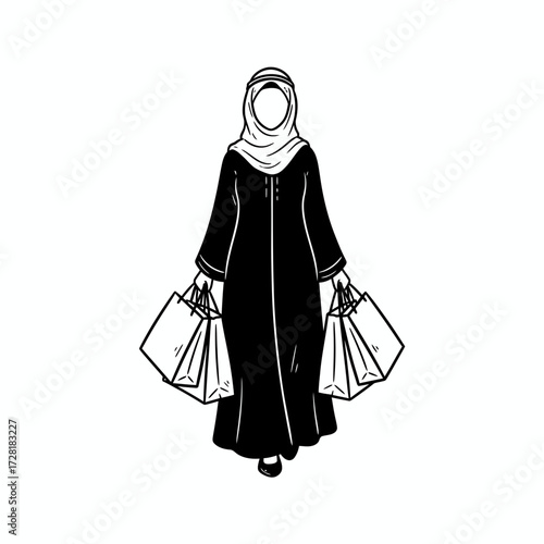 Woman wearing a hijab and abaya, carrying shopping bags in both hands, isolated on white.