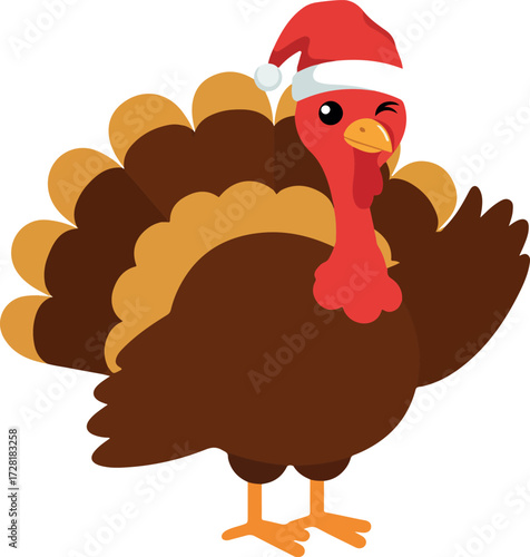 Festive turkey wearing a Santa hat winking cheerfully for the holidays.