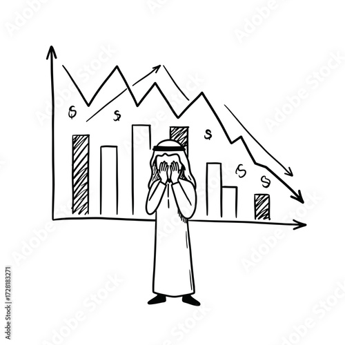 An Arab man in traditional clothing covers his face in despair in front of a falling stock market chart.