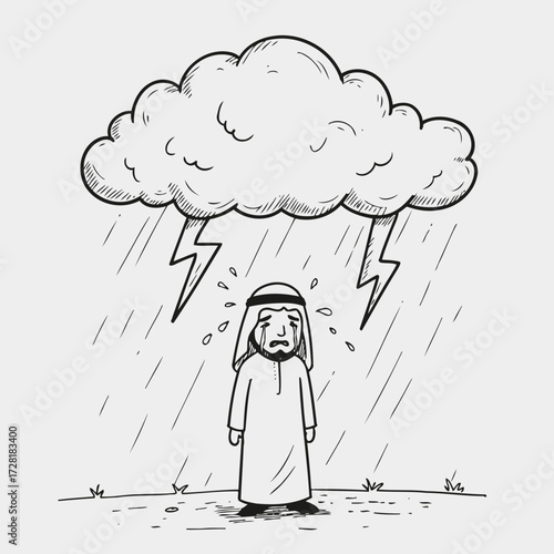 Illustration depicting a sad person in traditional attire standing under a stormy cloud with rain.