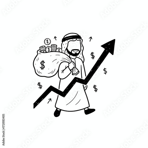 A cartoon drawing of a man in traditional Arab clothing carrying a bag of money with an upward trending arrow.
