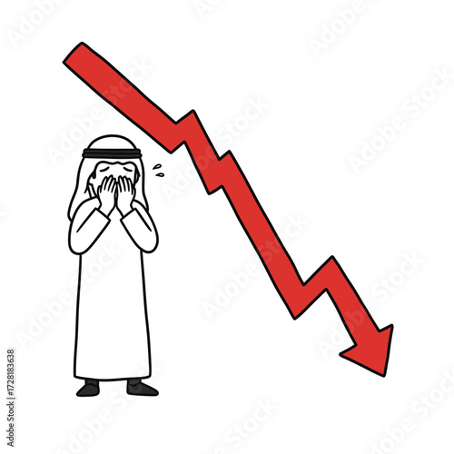 An Arab man in traditional clothing is distressed by a large red downward trending arrow.