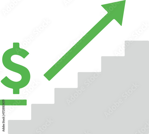 Financial growth concept with dollar sign and upward arrow on stairs.