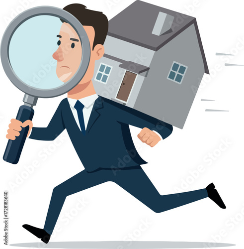 Real estate agent carrying house and magnifying glass running.