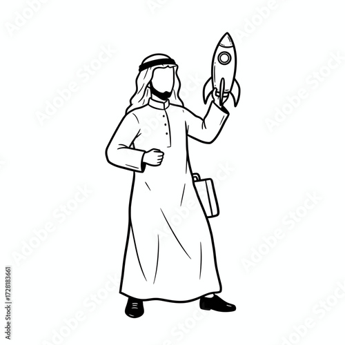 Man in traditional Arabic clothing holding a rocket.